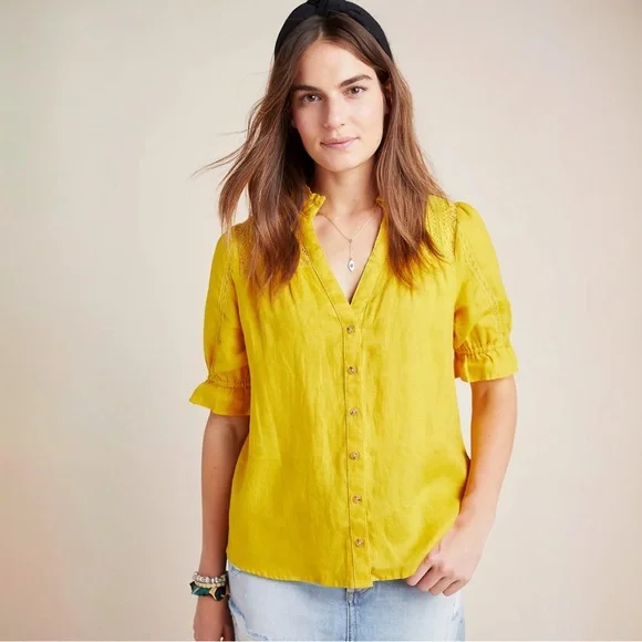 Anthro Maeve Magritte Linen Puff Sleeve Button Font Blouse Size 2 Yellow Gold - Picture 12 of 12